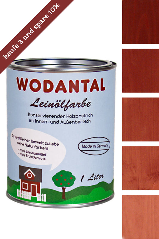 1 Liter Dose Wodantal Leinölfarbe, konservierender Holzanstrich im Innen und Aussenbereich mit Farbbeispiel schwedenrot. Mit Hinweisbanderole " kaufe 3 und spare 10%"