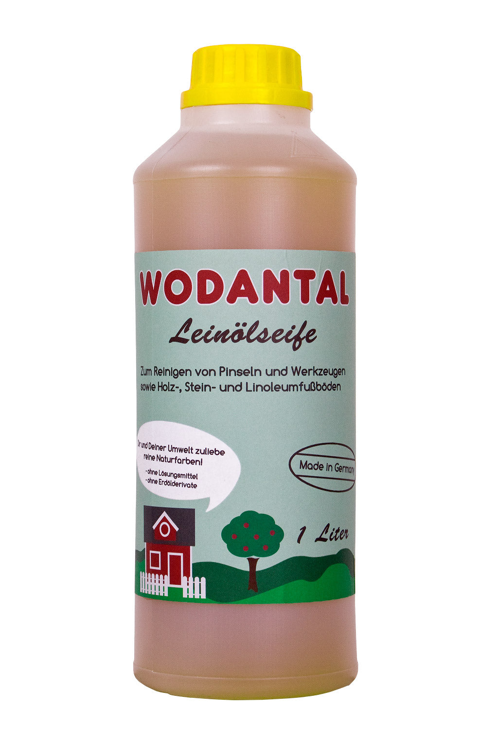 Opake 1 Liter Flasche Wodantal Leinölseife, zum reinigen von Pinseln und Werkzeugen sowie Holz-, Stein- und Linoleumfußböden.