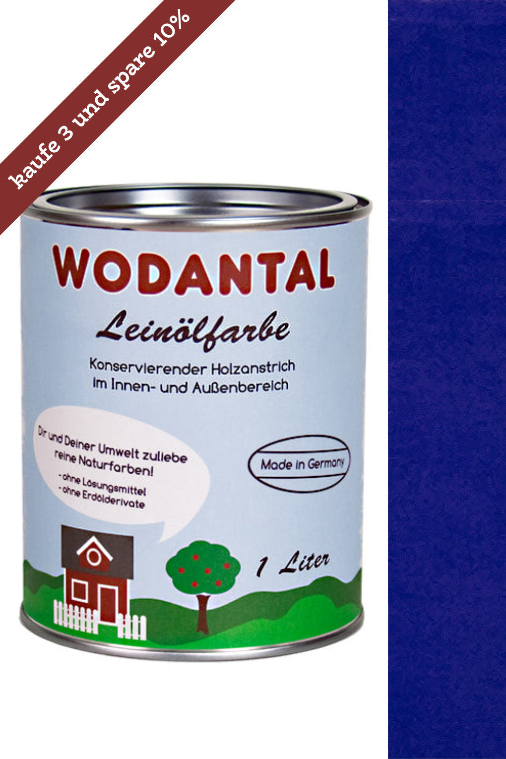 1 Liter Dose Wodantal Leinölfarbe, konservierender Holzanstrich im Innen und Aussenbereich mit Farbbeispiel blau. Mit Hinweisbanderole " kaufe 3 und spare 10%"