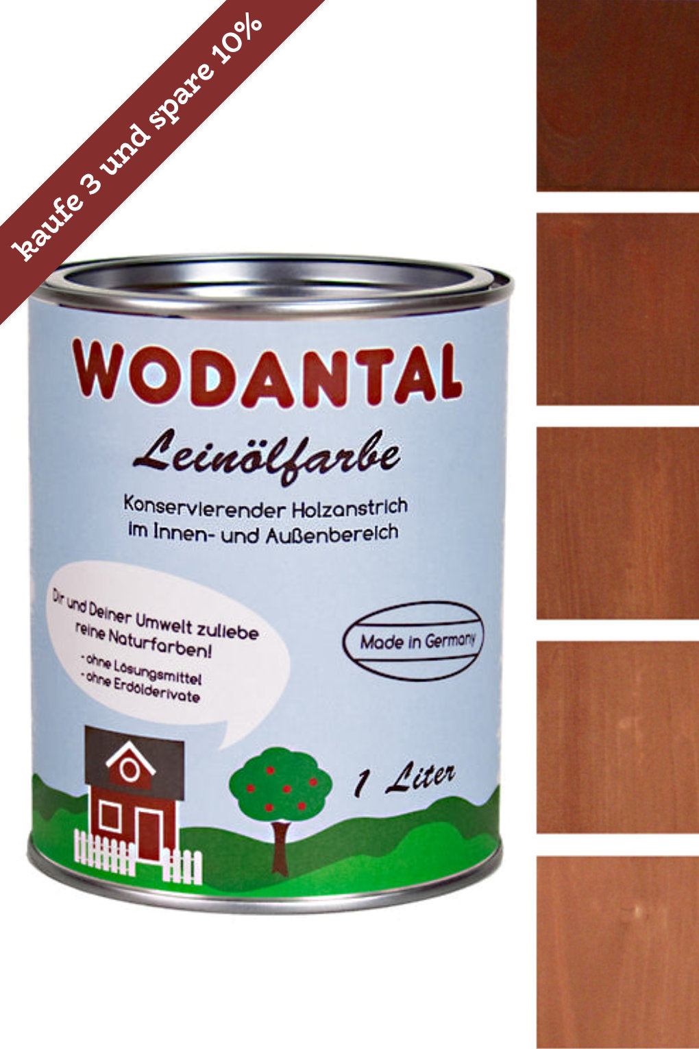 1 Liter Dose Wodantal Leinölfarbe, konservierender Holzanstrich im Innen und Aussenbereich mit Farbbeispiel kastanienbraun. Mit Hinweisbanderole " kaufe 3 und spare 10%"