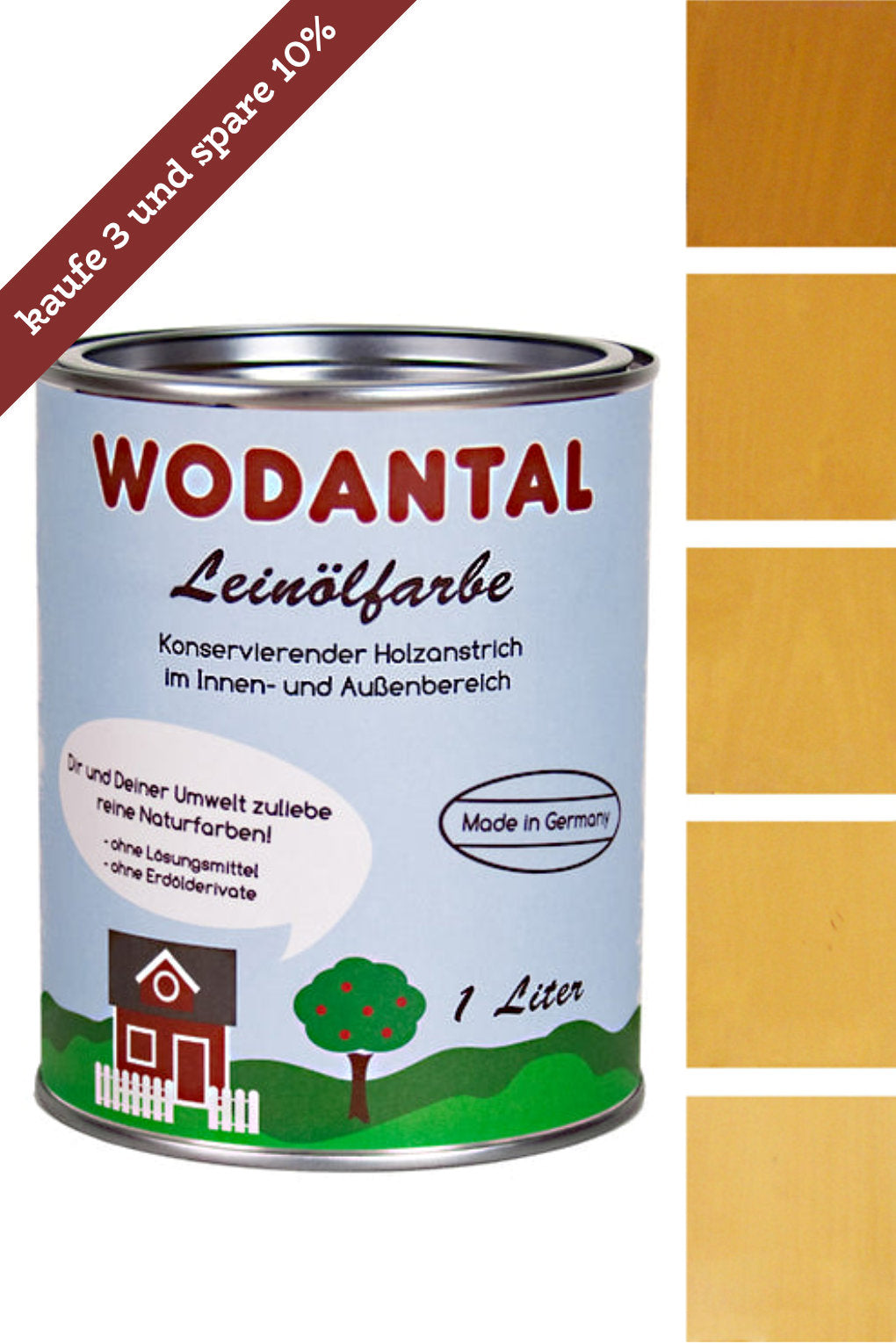 1 Liter Dose Wodantal Leinölfarbe, konservierender Holzanstrich im Innen und Aussenbereich mit Farbbeispiel currygelb. Mit Hinweisbanderole " kaufe 3 und spare 10%"