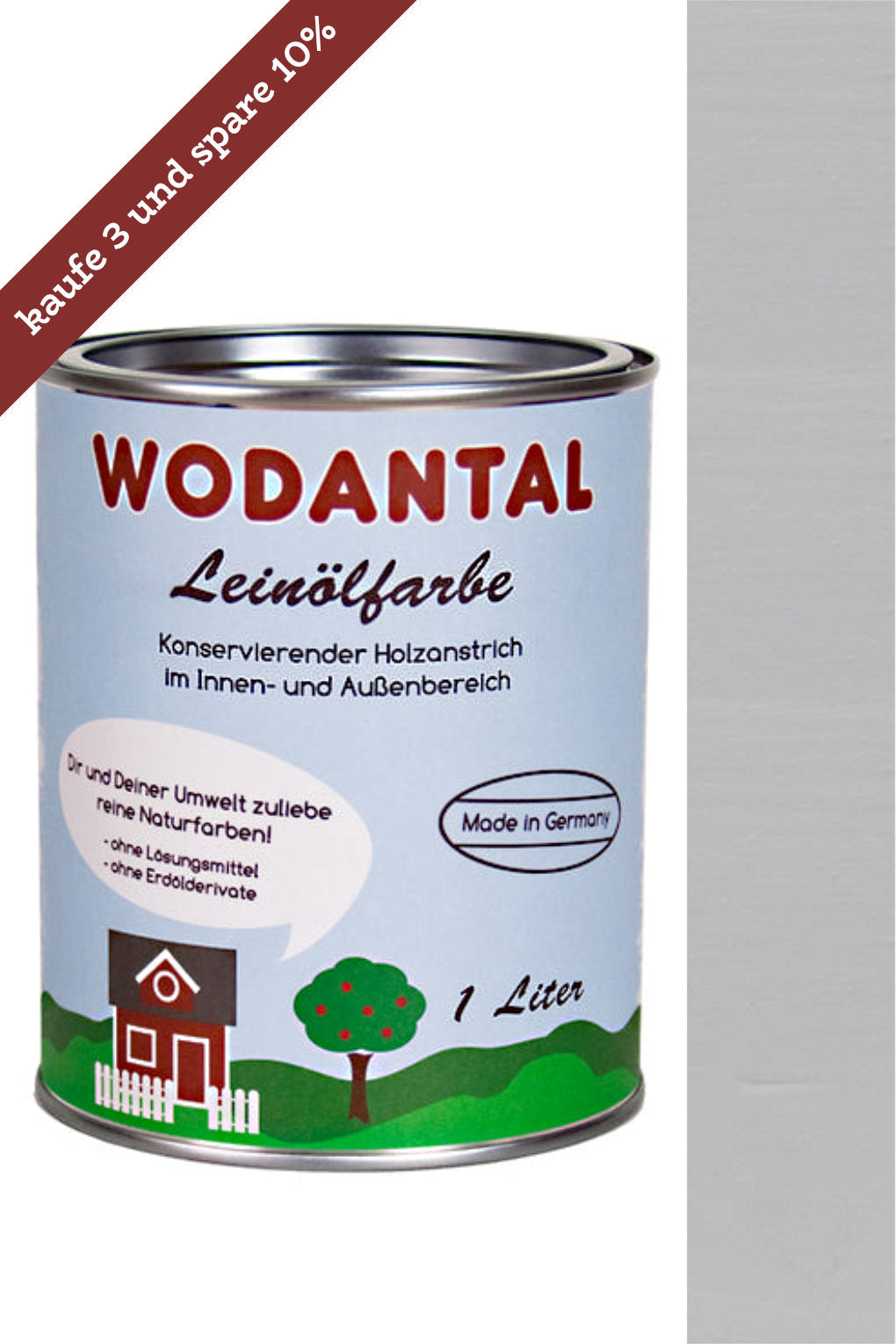 1 Liter Dose Wodantal Leinölfarbe, konservierender Holzanstrich im Innen und Aussenbereich mit Farbbeispiel silbergrau. Mit Hinweisbanderole " kaufe 3 und spare 10%"