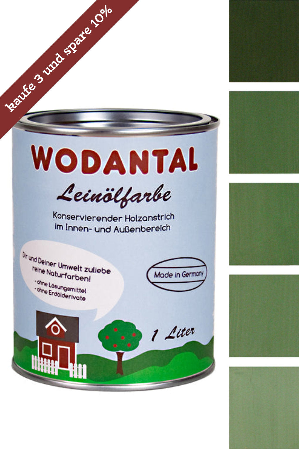 1 Liter Dose Wodantal Leinölfarbe, konservierender Holzanstrich im Innen und Aussenbereich mit Farbbeispiel tannengrün. Mit Hinweisbanderole " kaufe 3 und spare 10%"