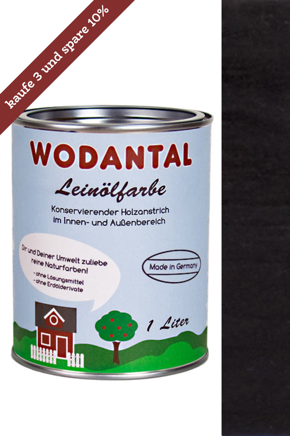 1 Liter Dose Wodantal Leinölfarbe, konservierender Holzanstrich im Innen und Aussenbereich mit Farbbeispiel schwarz. Mit Hinweisbanderole " kaufe 3 und spare 10%"