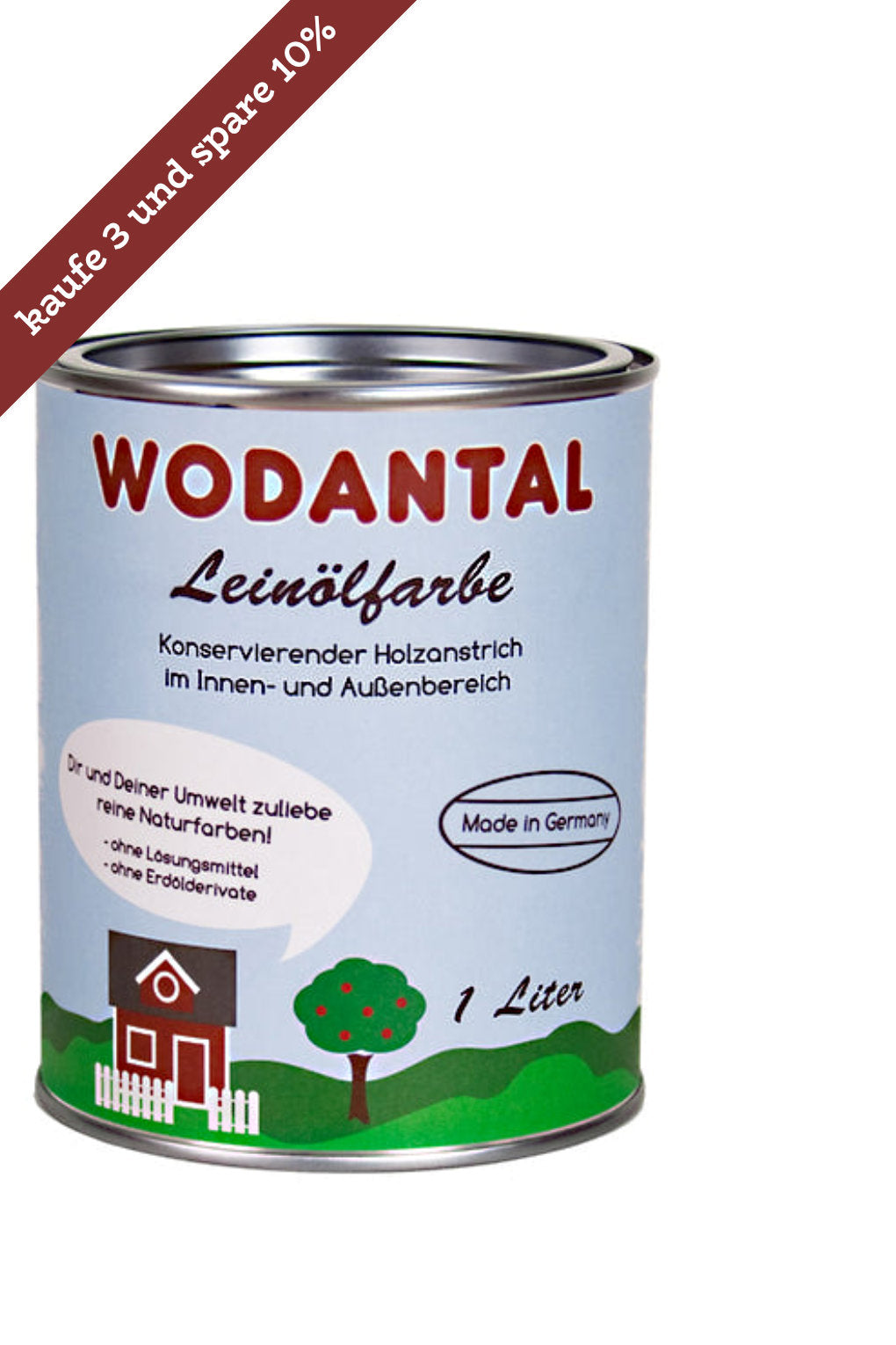 1 Liter Dose Wodantal Leinölfarbe, konservierender Holzanstrich im Innen und Aussenbereich mit Farbbeispiel weiss. Mit Hinweisbanderole " kaufe 3 und spare 10%"